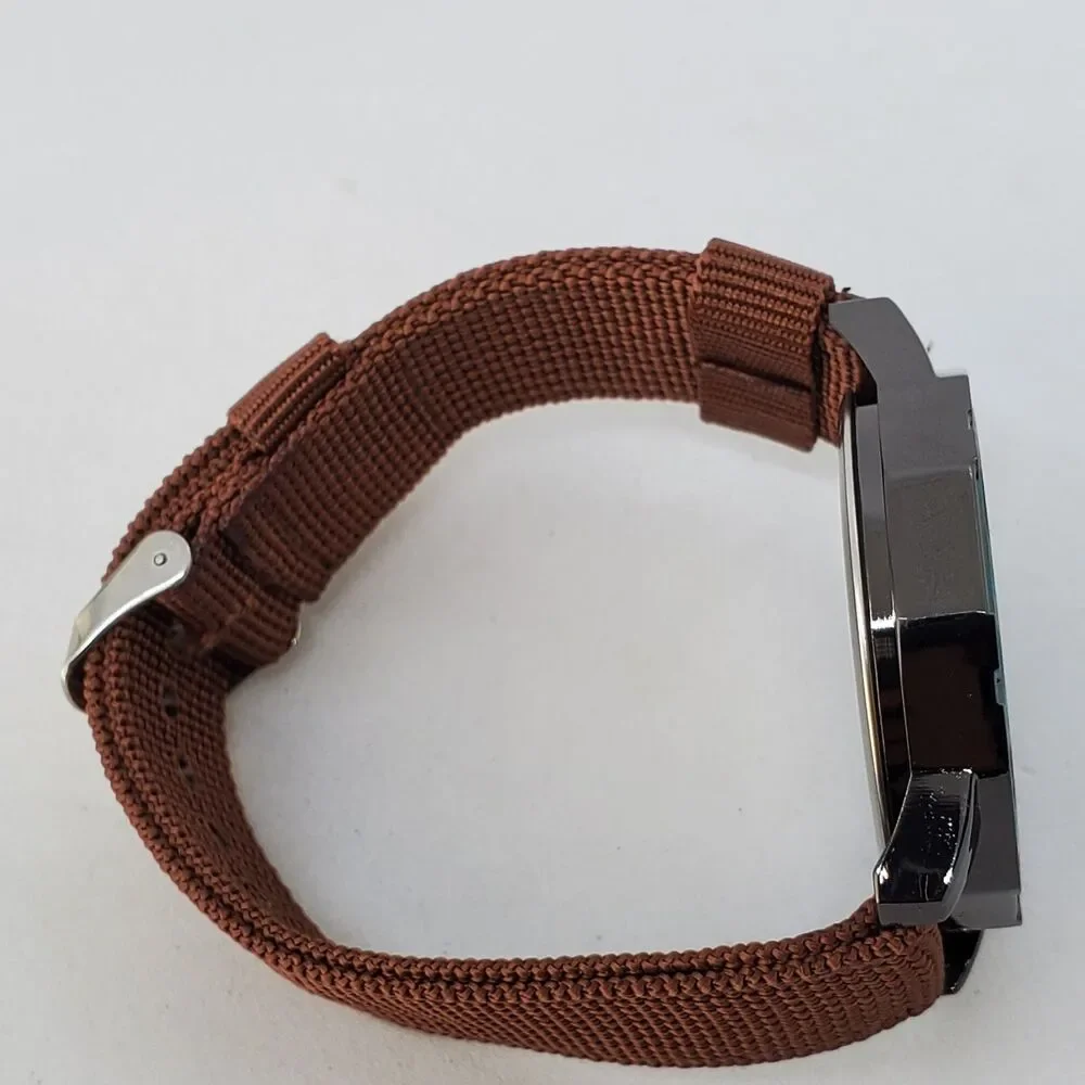 Men's Watch 42MM Black Dial Black Case Brown Canvas Band‎ Straps Date Indicator